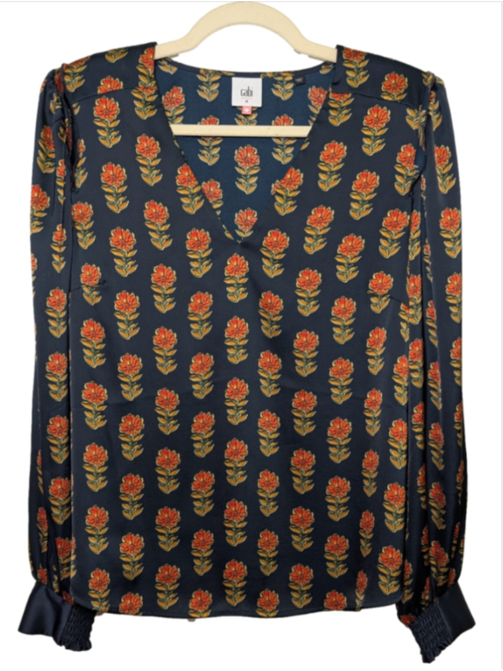Cabi Brit Blouse Medium Fall 2024 Sold Out Navy Blue Orange Floral Satin Top M